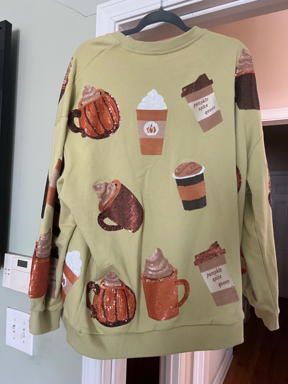 Queens of Sparkles Pumpkin Spice Mug & Cup Sequin Sweatshirt - Green - Picture 3 of 4